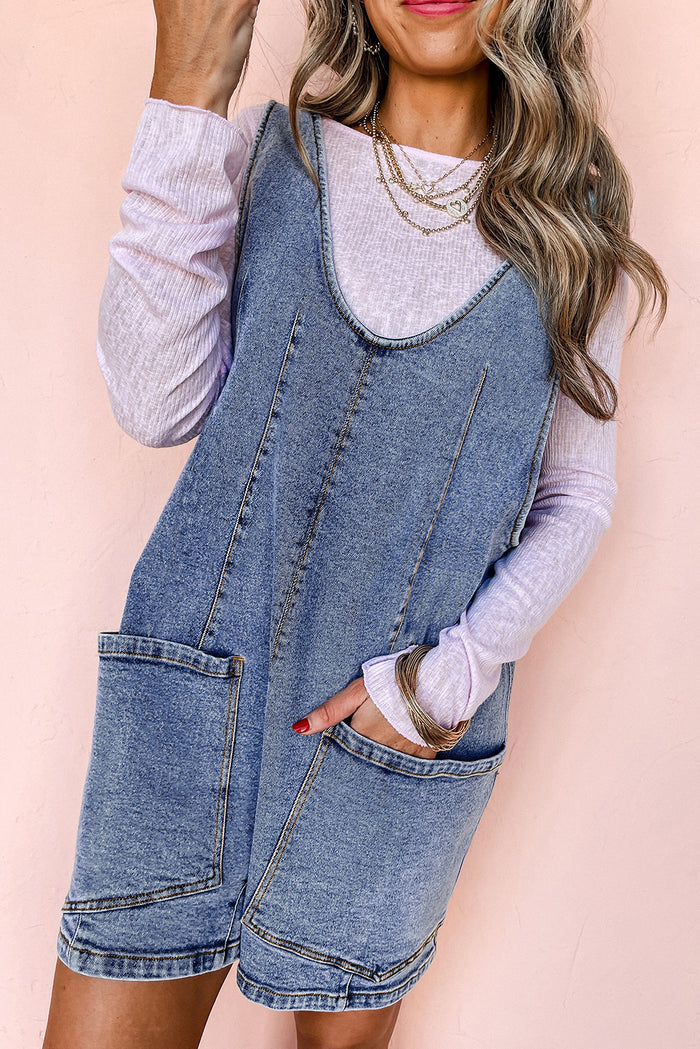 Dusk Blue Sleeveless U Neck Patched Pocket Denim Romper 🇨🇳