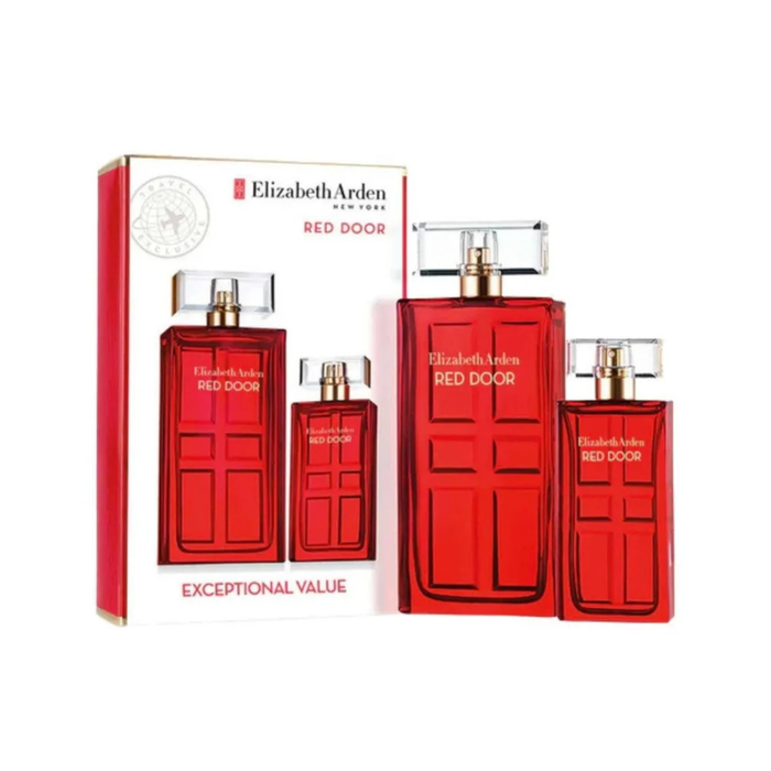 Elizabeth Arden Red Door gift set with two red EDT spray bottles and red gift box on white background