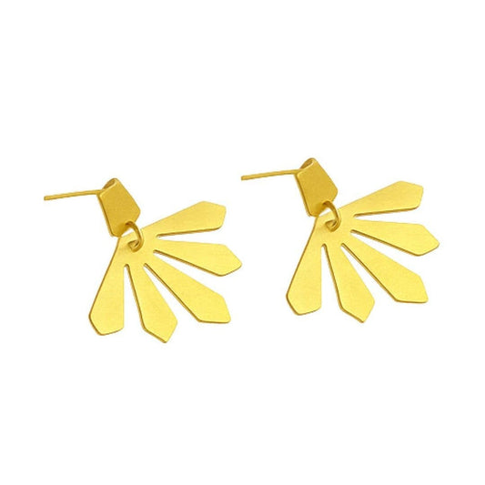 Pair of yellow feather-shaped earrings on a white background