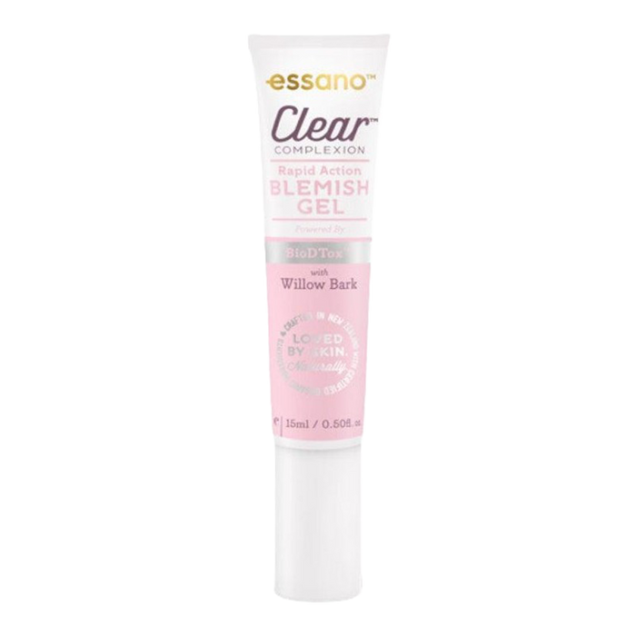 Essano Clear Complexion Blemish Gel, showing packaging, ideal for oily/combination skin. Controls blemishes and oil.