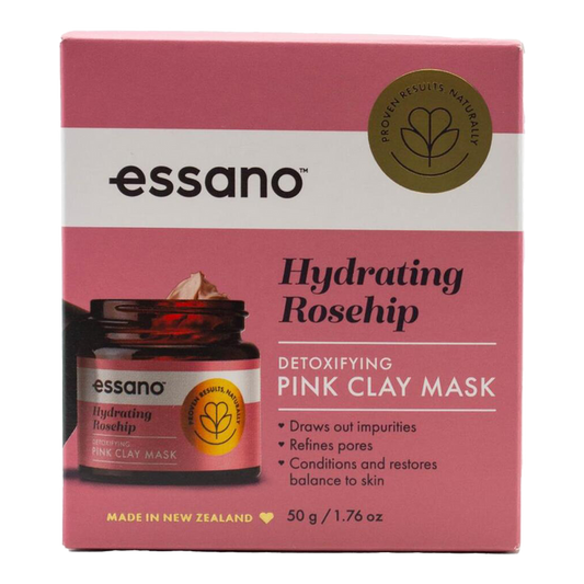 Essano Hydrating Rosehip Detoxifying Pink Clay Mask for detoxifying and hydrating skin, with Rosehip Oil and Pink Clay, suitable for all skin types.