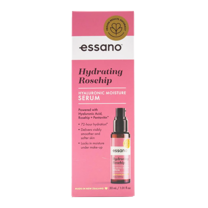 Essano Hydrating Rosehip Hyaluronic Moisture Serum bottle, ideal for dry skin and deep hydration