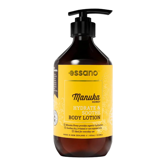Essano Manuka Honey Body Lotion bottle, infused with Manuka honey and shea butter to hydrate and restore moisture.