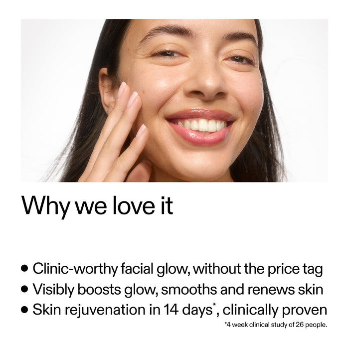Woman touching her face with a text overlay about skincare benefits
