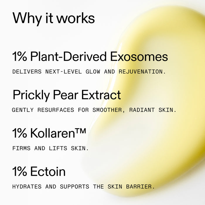 Text detailing skincare benefits with a close-up of a yellow cream.