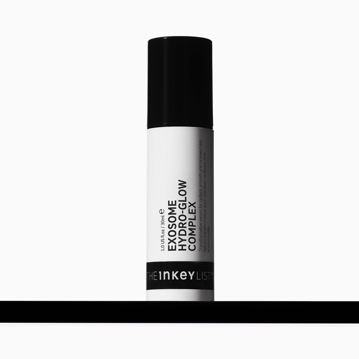 Skincare bottle labeled 'Exosome Hydro-Glow Complex' by The Inkey List on a white background