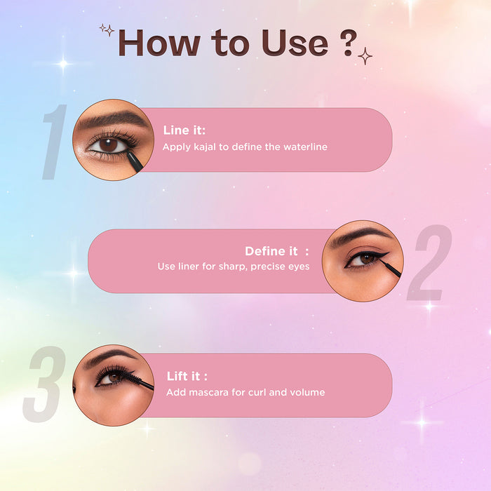 Eye Makeup Trio Combo –Mascara & Eyeliner & Kajal