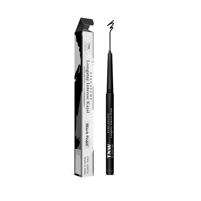 A black kajal eyeliner pencil with its packaging, labeled as 'Eyecatchy Longstay Intense Kajal' from TNW-The Natural Wash.