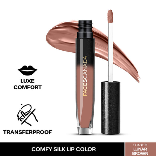 FACES CANADA Comfy Silk Liquid Lipstick - Lunar Brown 11, 3 ml | Satin Matte HD Finish | Luxe Comfort | Longlasting | No Dryness | Smooth Texture | Mulberry Oil & Shea Butter For Plump Hydrated Lips