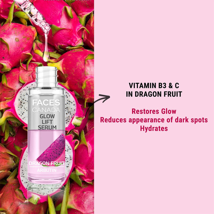 FACES CANADA Glow Lift Serum, 27 ml | Dragon Fruit & Arbutin | Biphasic Face Serum | Restores Glow & Hydrates For Spotless, Radiant & Plump Skin | Helps Reduce Dark Spots & Pigmentation