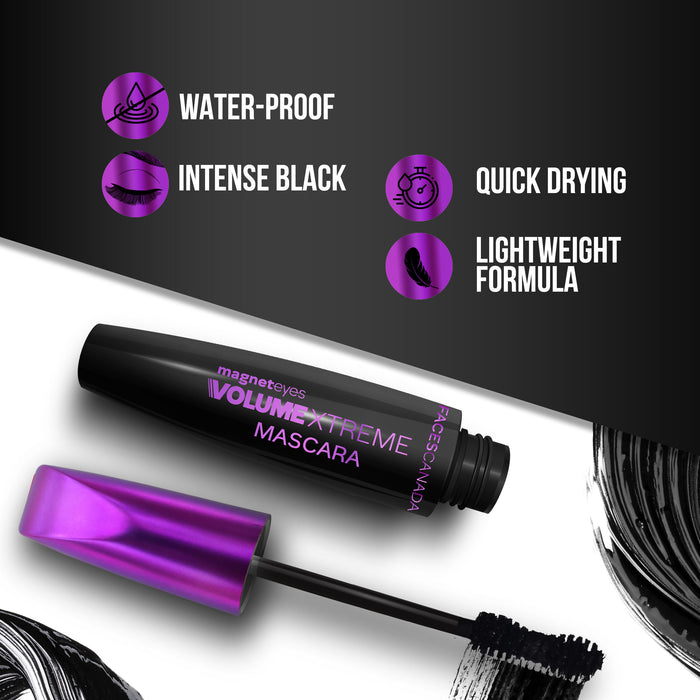 FACES CANADA Magneteyes Volume Xtreme Mascara - Black, 8 gm | Lengthens Lashes | Waterproof | Quick Drying | Long Wear | Intense Black Finish | Lightweight | Enriched With Jojoba Oil & Vitamin B