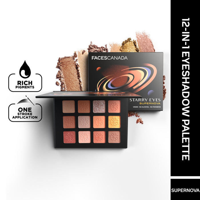 FACES CANADA Starry Eyes Eye Shadow Palette - Supernova 01, 16 gm | Shimmer & Matte Shades | Long Lasting & Highly Pigmented | Smudge Proof & Sweat Resistance | One Stroke Application | Luxurious Finish