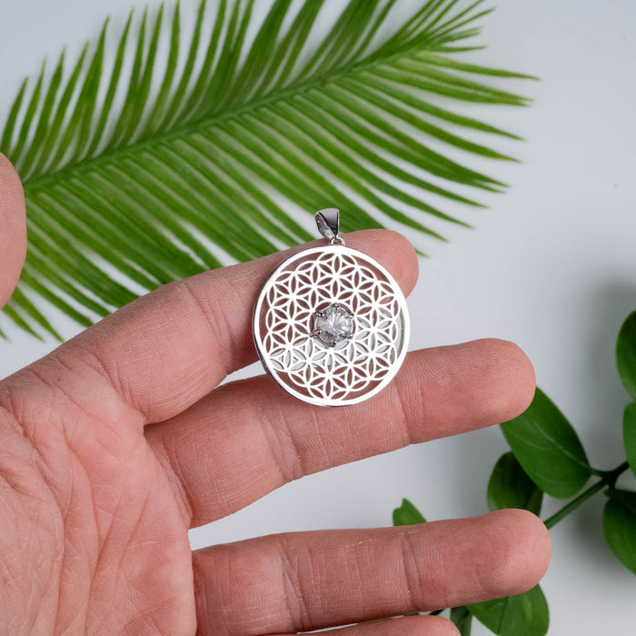 Flower of Life Pendant | Herkimer Diamond Quartz .925 Silver - InnerVision Crystals