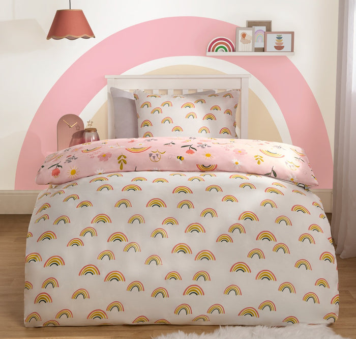 Flowers and Rainbows Print Reversible Duvet Set - Pink 🇬🇧