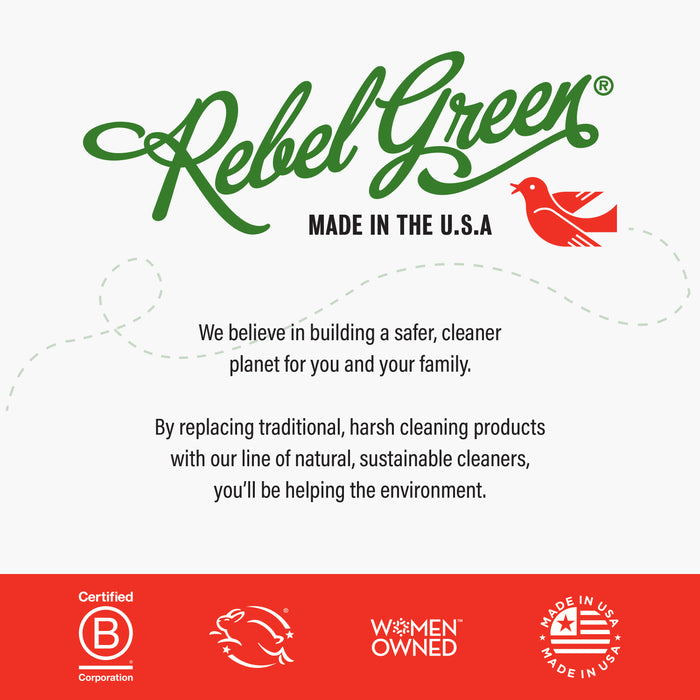 Rebel Green logo with a red bird illustration, promoting eco-friendly Fresh Laundry Detergent Liquid - 3x Concentrated. The bottom section displays certification icons: B Corporation, cruelty-free, women-owned, and made in the USA.