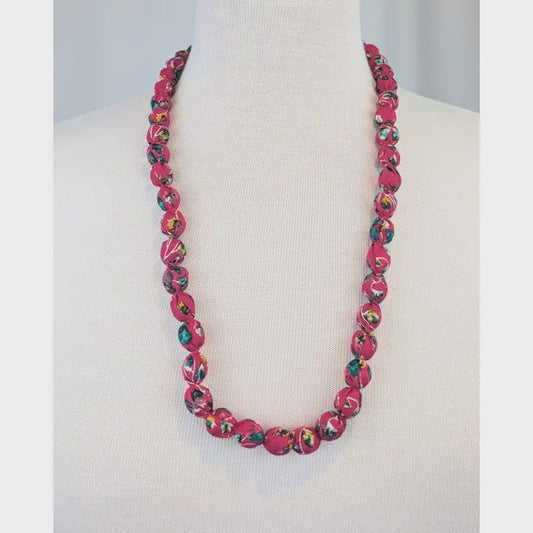 Fuchsia Pink Indian Fabric Handmade Beaded Necklace - Precious Sparkle