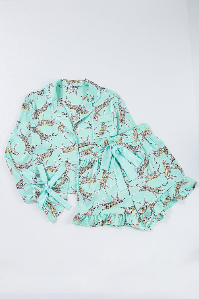 Green Leopard Satin Ruffle Pajama Short Set 🇨🇳