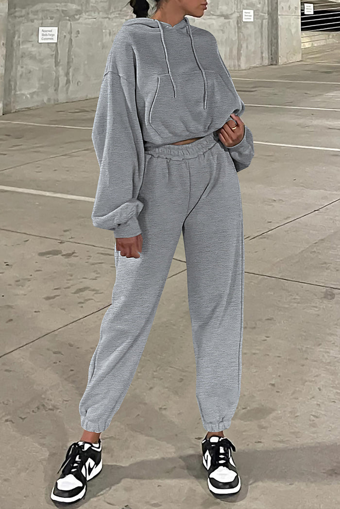 Grey Solid Drop Shoulder Hoodie and Joggers Activewear Set 🇺🇲