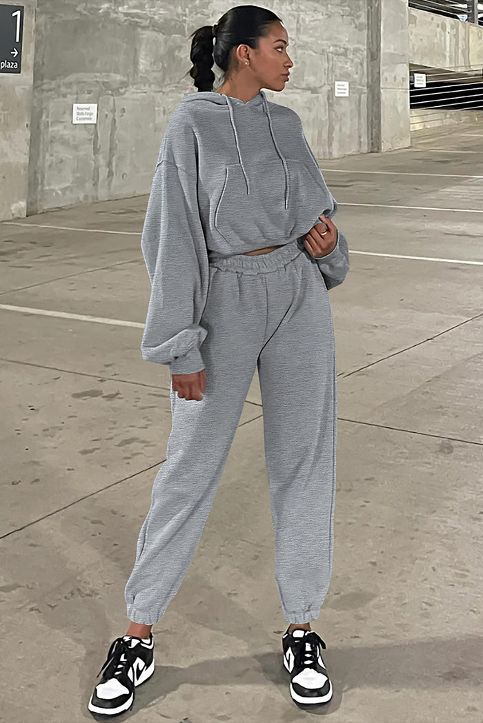 Grey Solid Drop Shoulder Hoodie and Joggers Activewear Set 🇺🇲