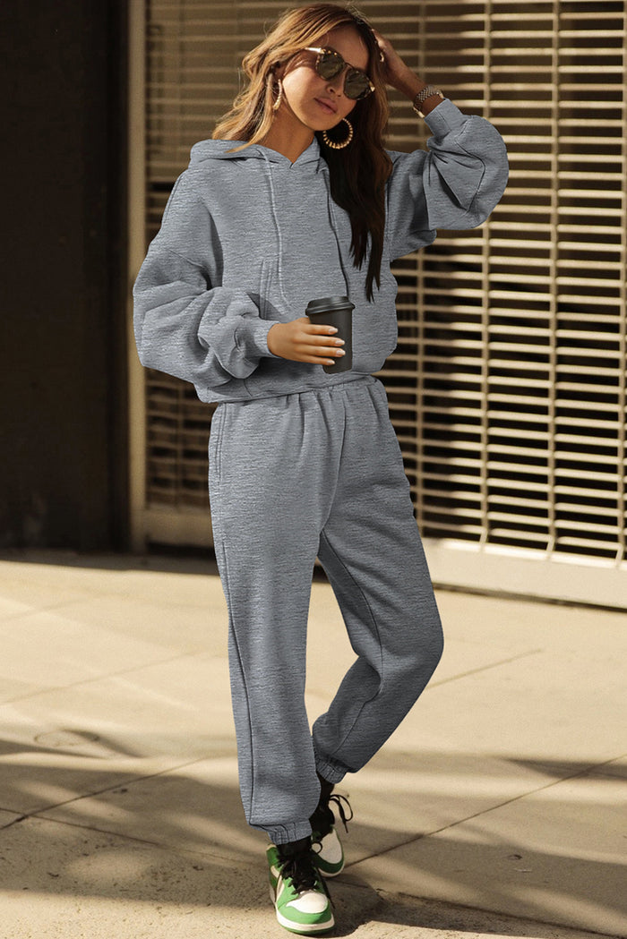 Grey Solid Drop Shoulder Hoodie and Joggers Activewear Set 🇺🇲