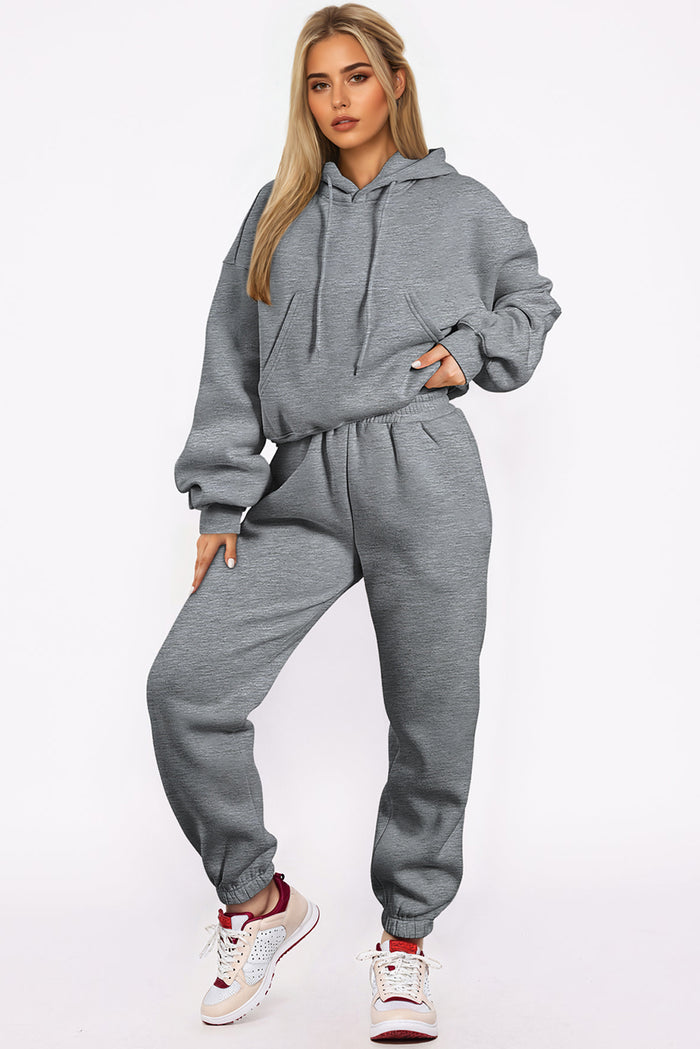 Grey Solid Drop Shoulder Hoodie and Joggers Activewear Set 🇺🇲