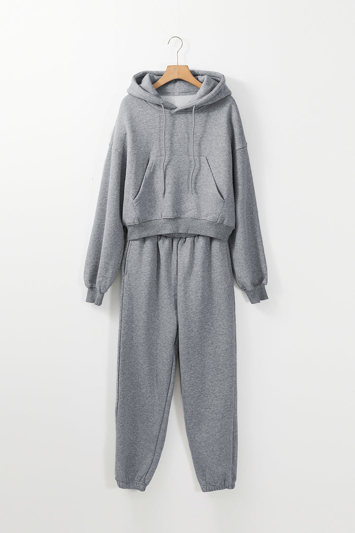 Grey Solid Drop Shoulder Hoodie and Joggers Activewear Set 🇺🇲