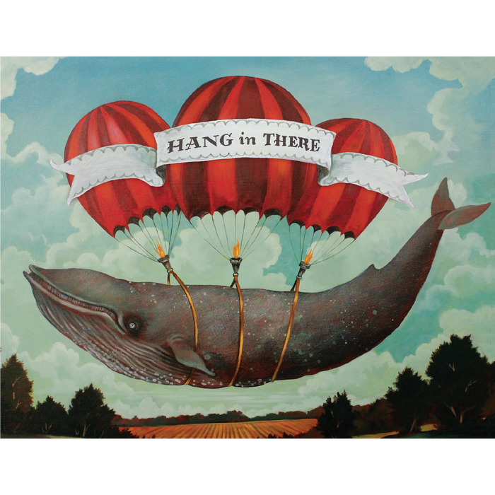 A whimsical illustration of a gray whale sailing through the cloudy blue sky by three red hot air balloons tied around its body, with a white banner reading "HANG IN THERE" flowing in front of the balloons.