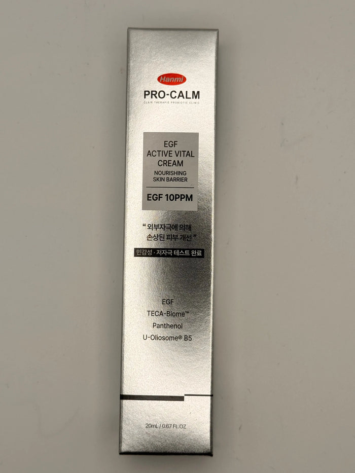 "Hanmi Pro-Calm EGF Active Vital Cream 20g jar open showing rich cream texture for sensitive and mature skin"