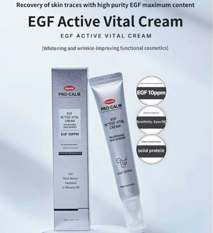 "Hanmi Pro-Calm EGF Active Vital Cream 20g product label showing key ingredients including EGF, centella asiatica, and peptide complex"