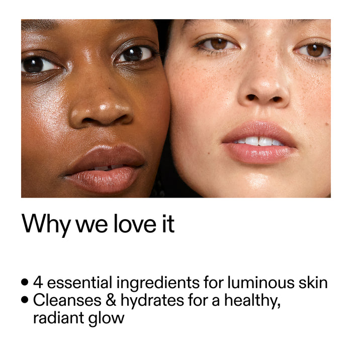 Two faces side by side with text about skincare product benefits.