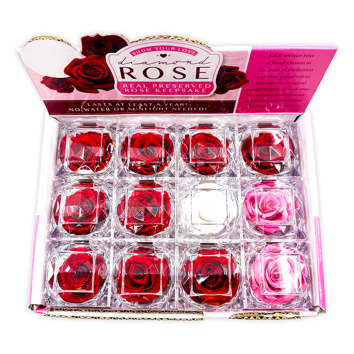 ITEM NUMBER 024712 REAL PRESERVED ROSE KEEPSAKE 12 PIECES PER DISPLAY