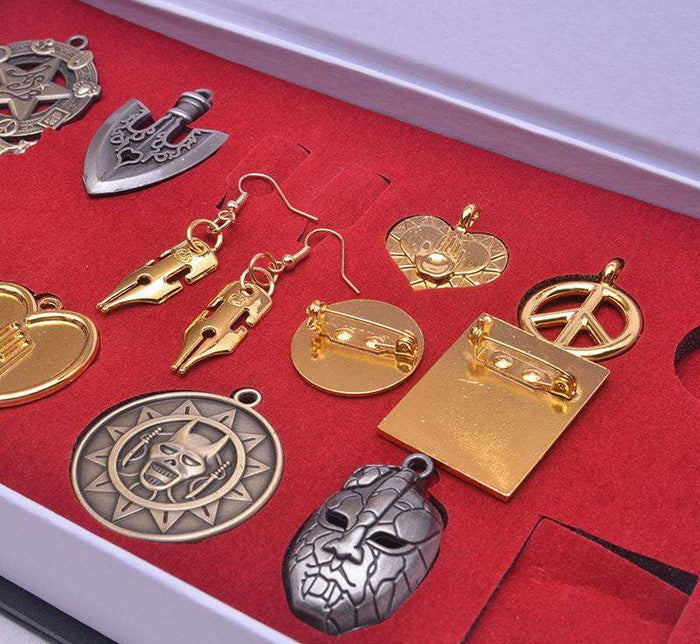 12pcs/set Anime JoJo's Bizarre Adventure Badge Pins Earring Necklace+Keychain+Box KeyRing Pendant Collection - TheAnimeSupply