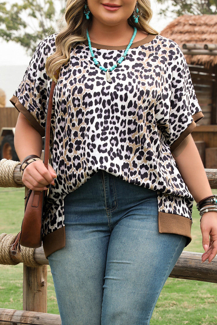 Khaki Leopard Contrast Trim Short Sleeve Loose Plus Size Top 🇨🇳