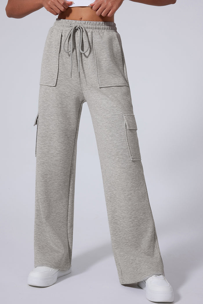 Light Grey Multi Pockets Lace-up High Waist Wide Leg Workout Pants 🇺🇲