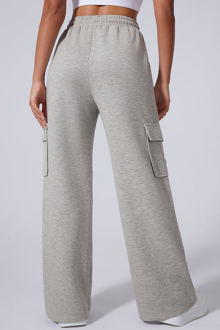 Light Grey Multi Pockets Lace-up High Waist Wide Leg Workout Pants 🇺🇲
