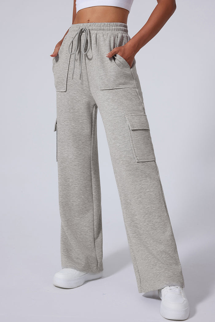 Light Grey Multi Pockets Lace-up High Waist Wide Leg Workout Pants 🇺🇲