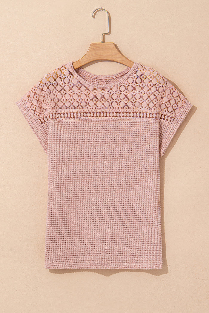 Light Pink Lace Patchwork Waffle Short Sleeve Top