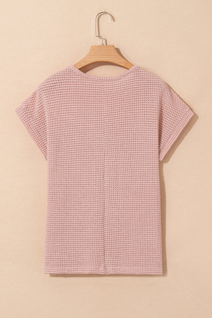 Light Pink Lace Patchwork Waffle Short Sleeve Top