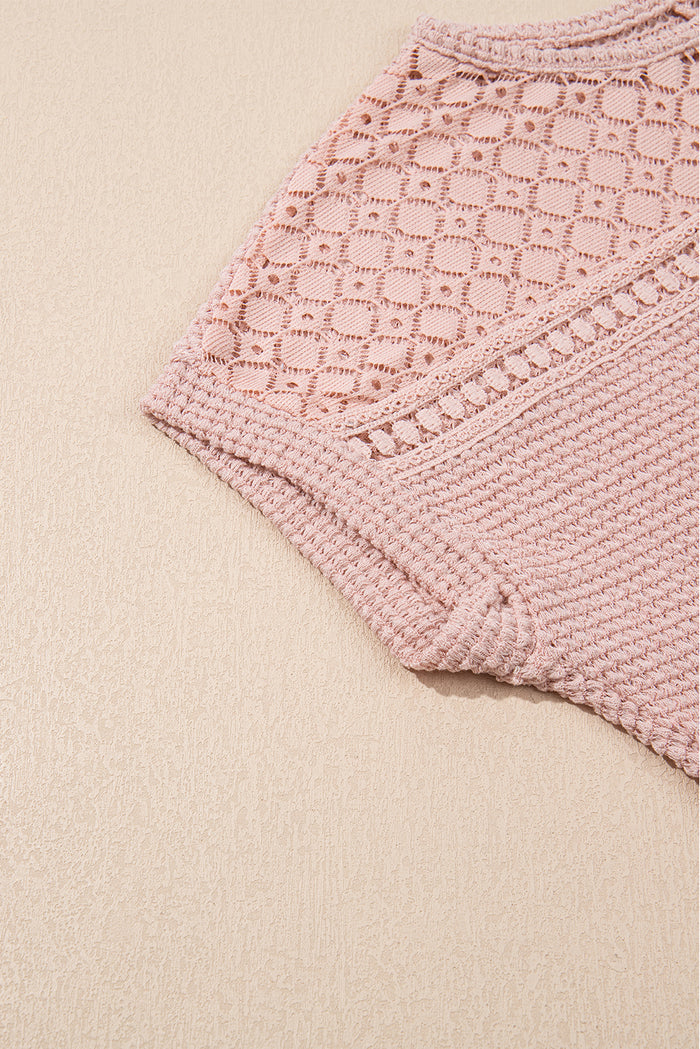 Light Pink Lace Patchwork Waffle Short Sleeve Top