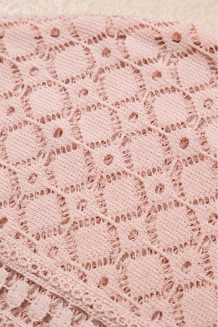 Light Pink Lace Patchwork Waffle Short Sleeve Top