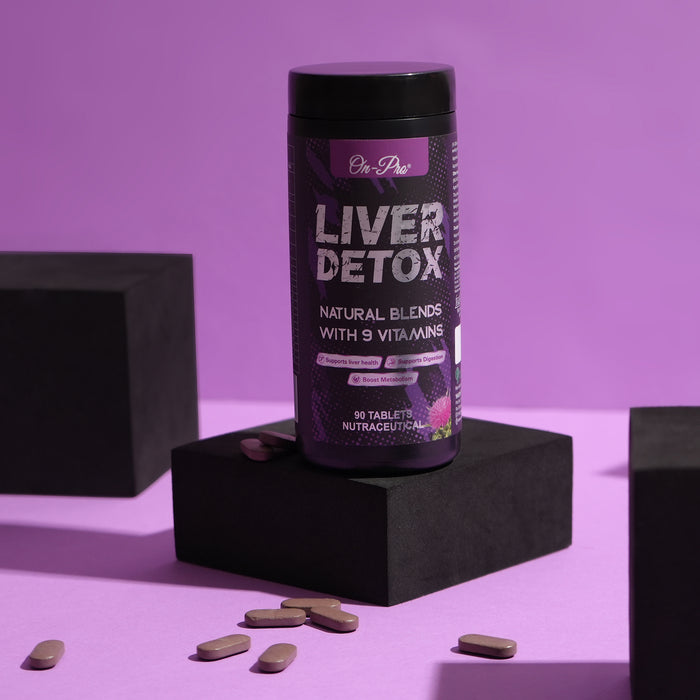 Liver Detox supplement container with tablets on a purple background
