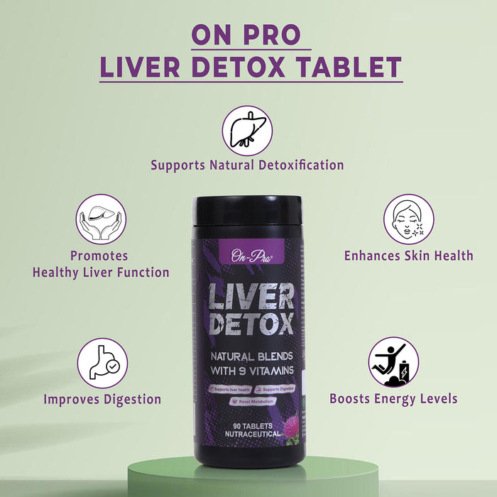 Liver detox supplement bottle with health benefits on a green background