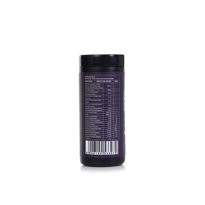 Black supplement container with label on a white background