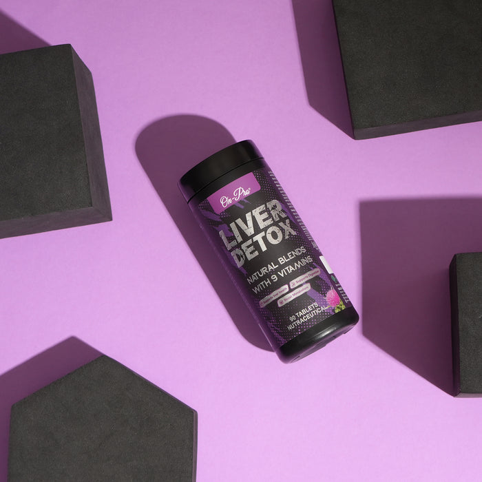 Liver Detox supplement container on a pink background with geometric shapes