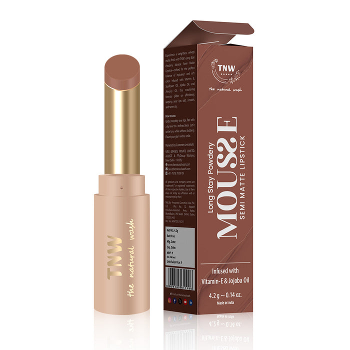 Longstay Powdery Mousse Semi Matte Lipstick | Nude Brown | Intense Color, Lightweight Comfort
