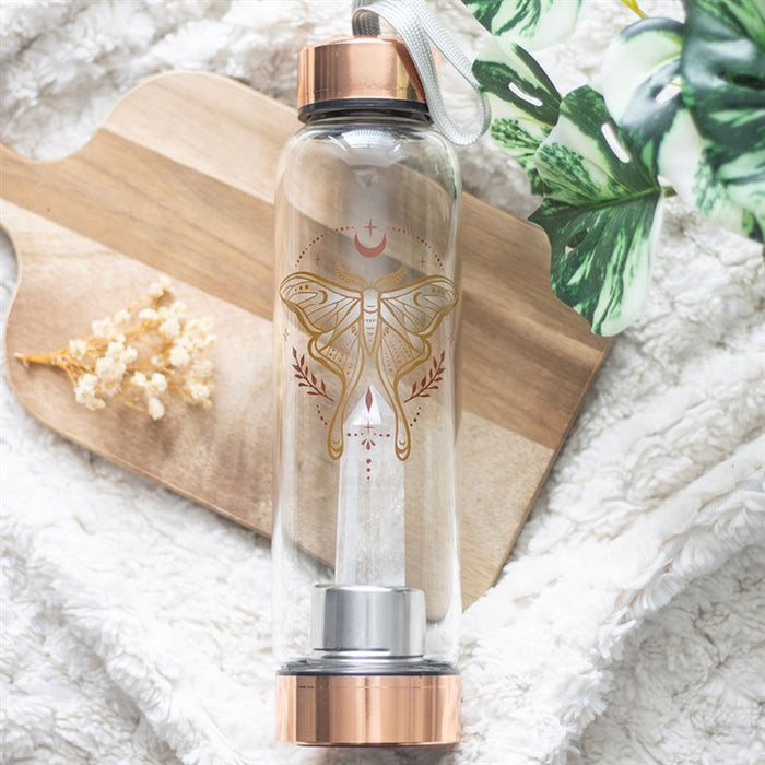 Luna Moth Glass Water Bottle with Clear Quartz Crystal 🇬🇧
