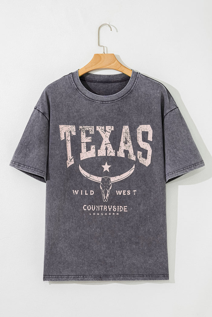 Medium Grey TEXAS Steer Head Graphic Mineral Wash Oversized T Shirt 🇺🇲