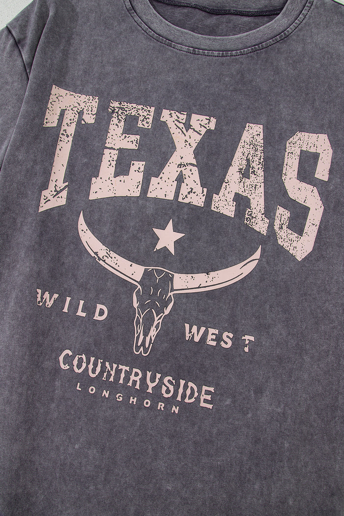Medium Grey TEXAS Steer Head Graphic Mineral Wash Oversized T Shirt 🇺🇲