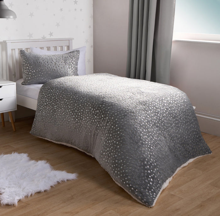 Metallic Stars Fleece Duvet Set - Grey single 🇬🇧