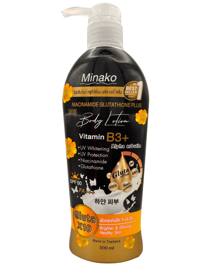 Minako Niacinamide Glutathione Plus Body Lotion SPF 50 – Thai brightening lotion with Glutathione, Niacinamide and broad-spectrum UV protection